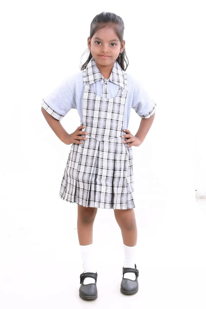 OEM New Designs Girls School Uniforms Red Checks Pleated Short Sleeve Pinafore frock Dress