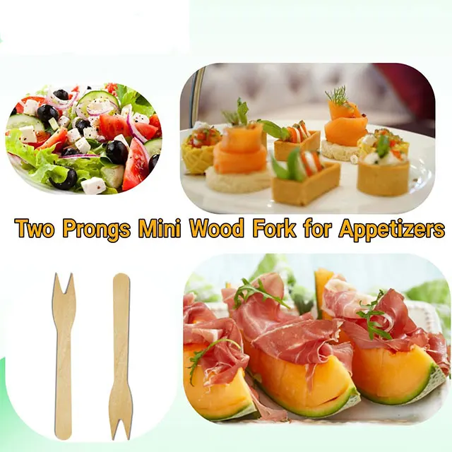 Eco-friendly Mini Appetizer Forks 3.3" Disposable Wooden Forks Two Prongs Fancy Toothpicks Tiny Wooden Cocktail Picks for Party