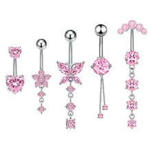 5Pcs/Set Heart Butterfly Chain Navel Ring Dangle Surgical Steel Piercing Jewelry Body CZ 14G Belly Ring for Women Wholesale