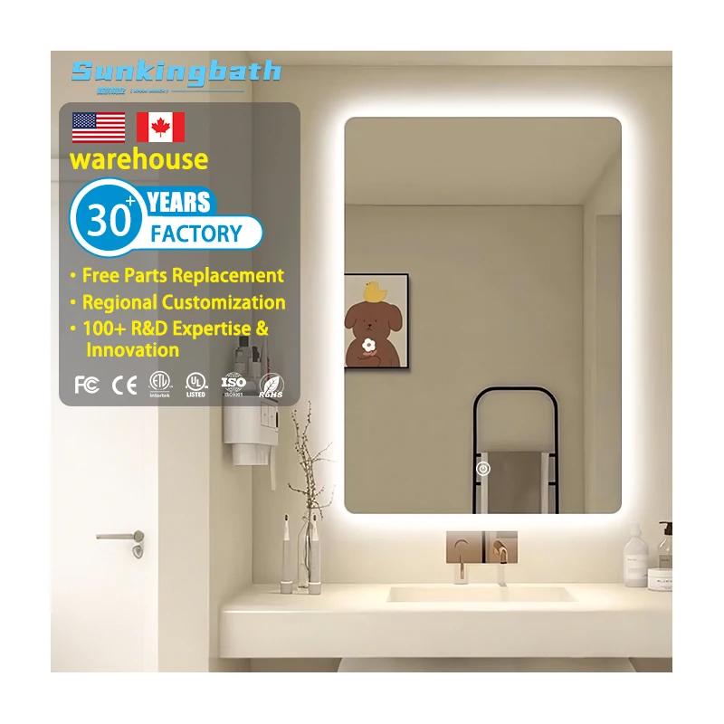Modern Rectangle Bathroom Mirror with LED Light Smart Backlit Vanity Bath Mirror Anti-Fog Dimmable for Luxury Hotel Home
