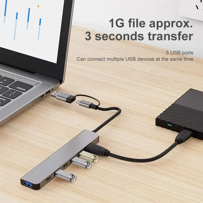 7 In1 USB C Port Hub Aluminum 7 in 1 Multiport USB Extender Splitter Hub with Multiple USB Ports Portable Docking Station
