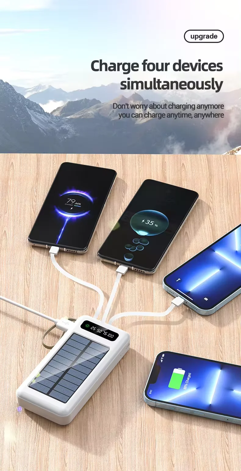 Factory Real Capacity Solar Power Bank Multi-functional Detachable 4 Cables Large Capacity 10000mAh Mobile Power Supply