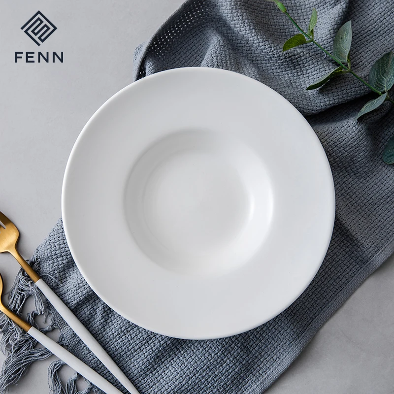 FENN Modern Style Custom Logo Color Porcelain Hat Plate Matte Ceramic Round Deep Soup Noodle Pasta Plates For Restaurant