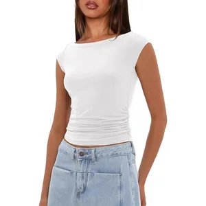 2025 Summer Women's New Boat Collar Casual Fashion Wrinkle Slim Short Open Umbilical T-shirt