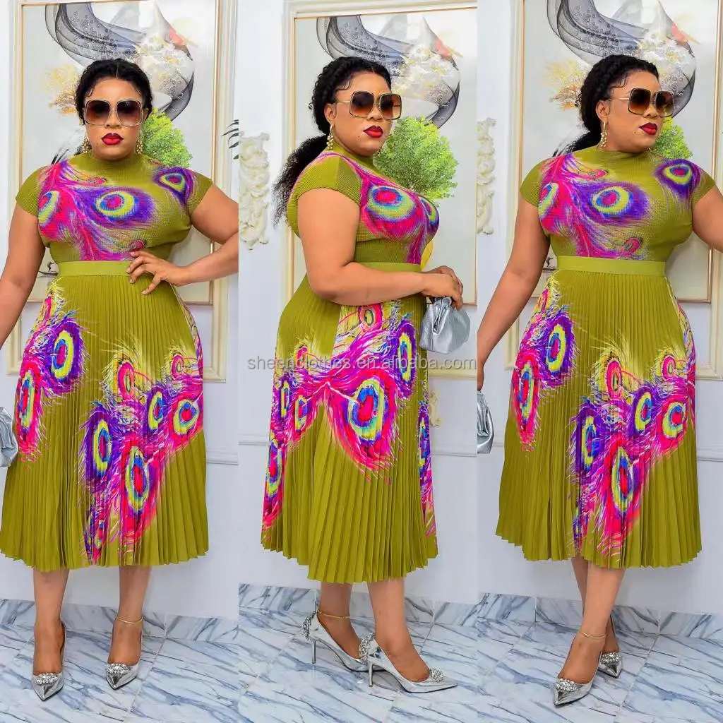 Summer Plus Size Stretchable African Print 2 Piece Pleated Skirts And Tops Floral Print Long