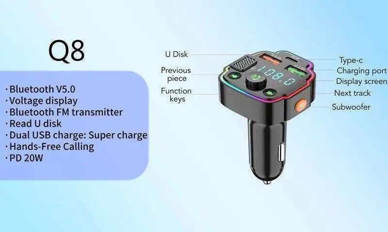 Fm Transmitter New Style Q8 Car Mp3 Player Fm Transmitter Usb Stereo Playback Tf Card Player BT Cat Kit Car Charger TYPE-C