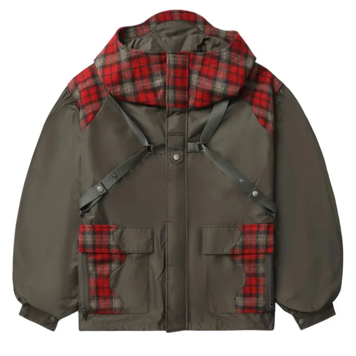 Men's Plus Size Hooded Jacket with Green and Red Plaid Check