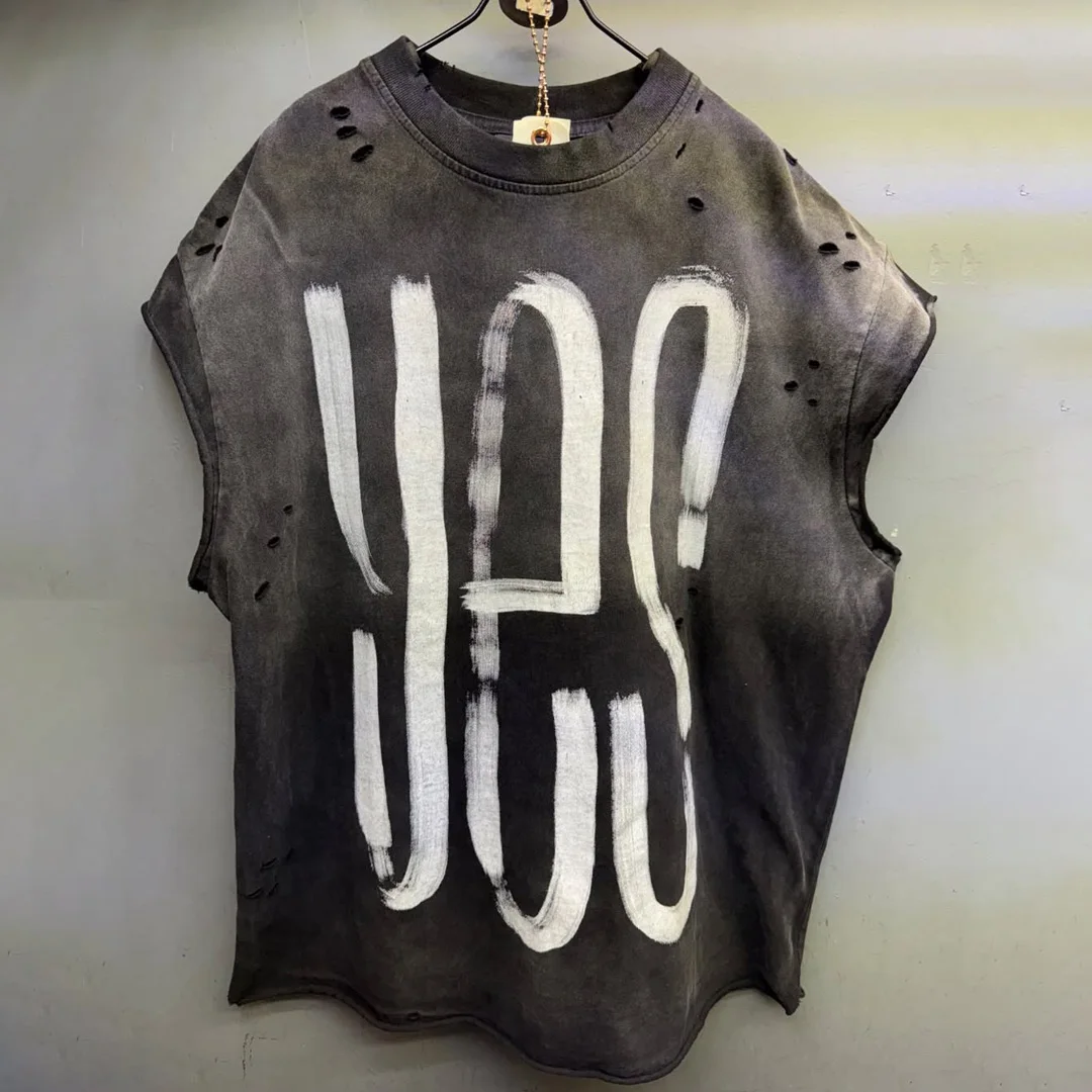 Výrobce streetwearu – vintage tričko s efektem slunečního kyselého prání, poškozené, roztrhané, převelké, těžké, s potiskem na obrazovce, pánské letní tričko