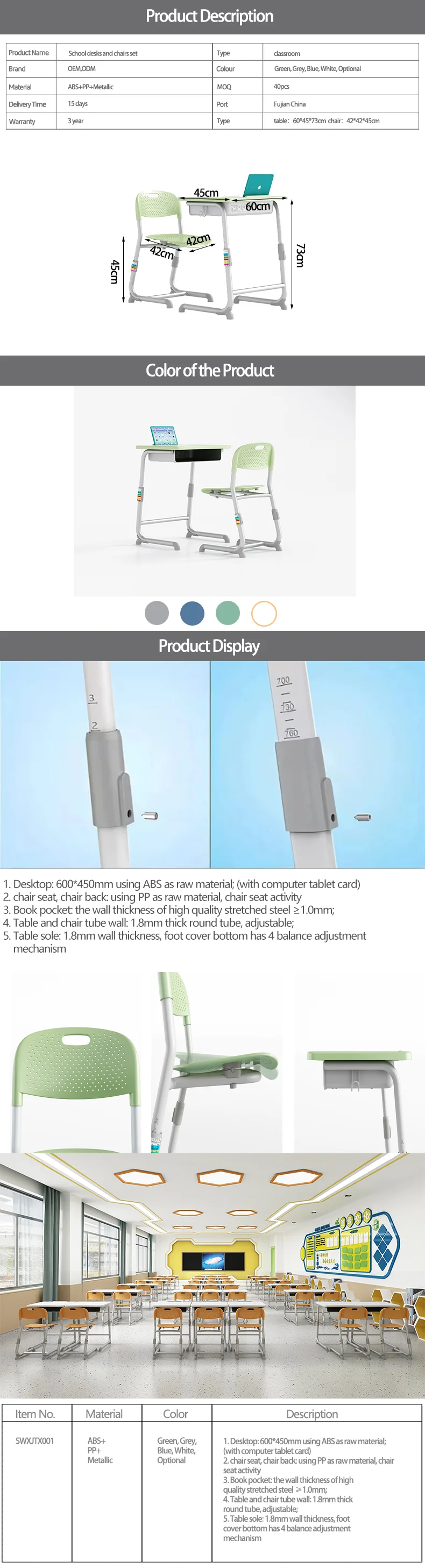 School desk and chair adjustable height in classroom sets mesas