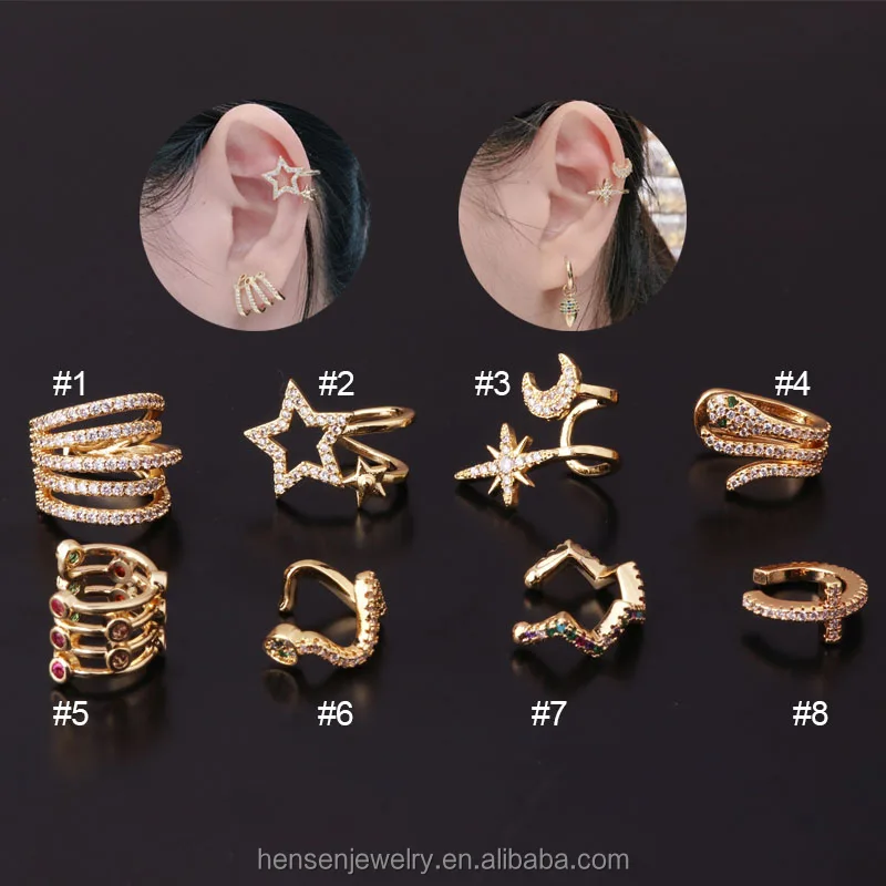 New Layered Line Moon Star  Cz Cartilage Ear Cuff Non Piercing Conch Cuff Earring Ear Wrap Ear Piercing Jewelry
