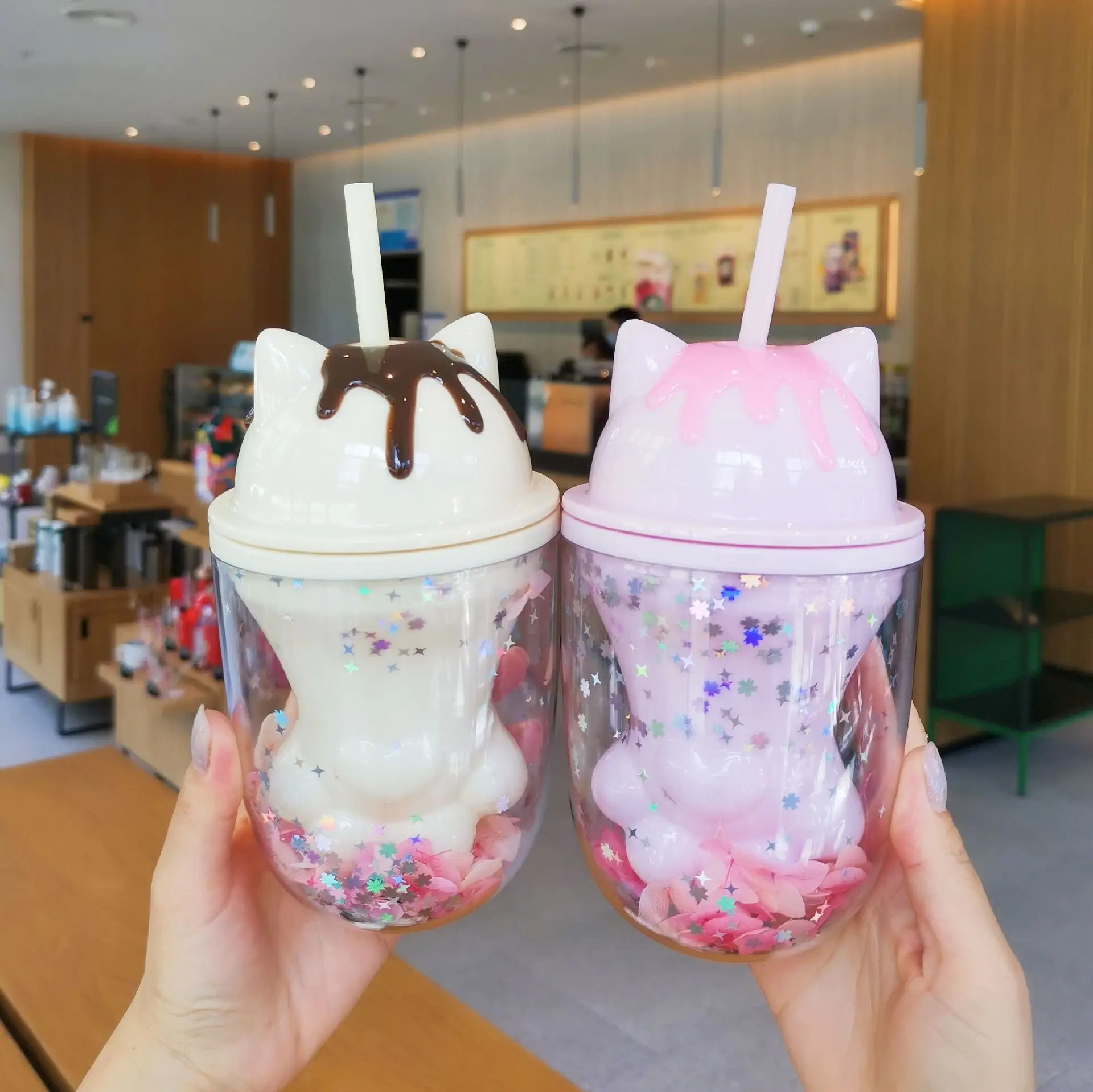 Seaygift креативный подарок для девочек симпатичная мультяшная блестящая пластиковая соломенная кружка с двойной стенкой в виде кошачьей лапы пластиковые чашки с соломинкой