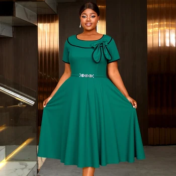 AM050530 Bow Short Sleeve Contrast Trim Belted a Line Midi Christmas Green Formal Women's Casual Dress Summer