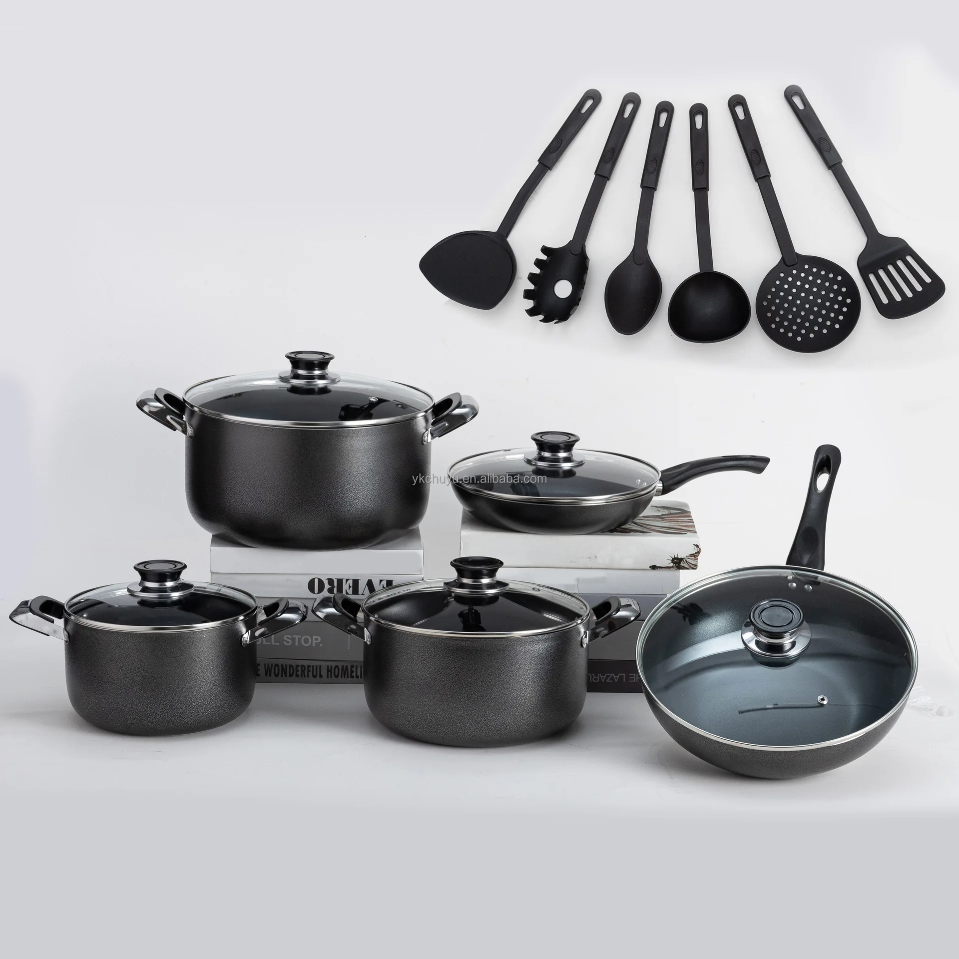 Non Stick Cookware Set Aluminium Good Selling Modern Non Stick Black 16 PCS Prestige Cookware Set