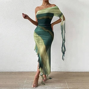 Elegant Summer Collection Strapless Off-Shoulder Women's Dress Sexy Mesh Design Ruffles Casual Bodycon Vestidos Digital Printed