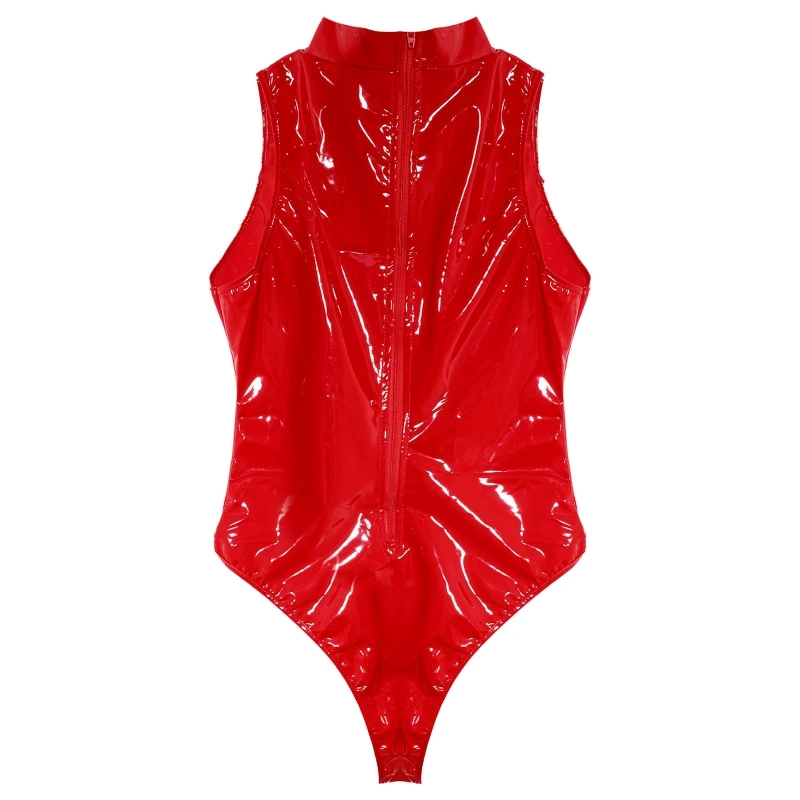 Women Sleeveless Faux Leather Shiny Onepiece Highcut Tight Bodysuit