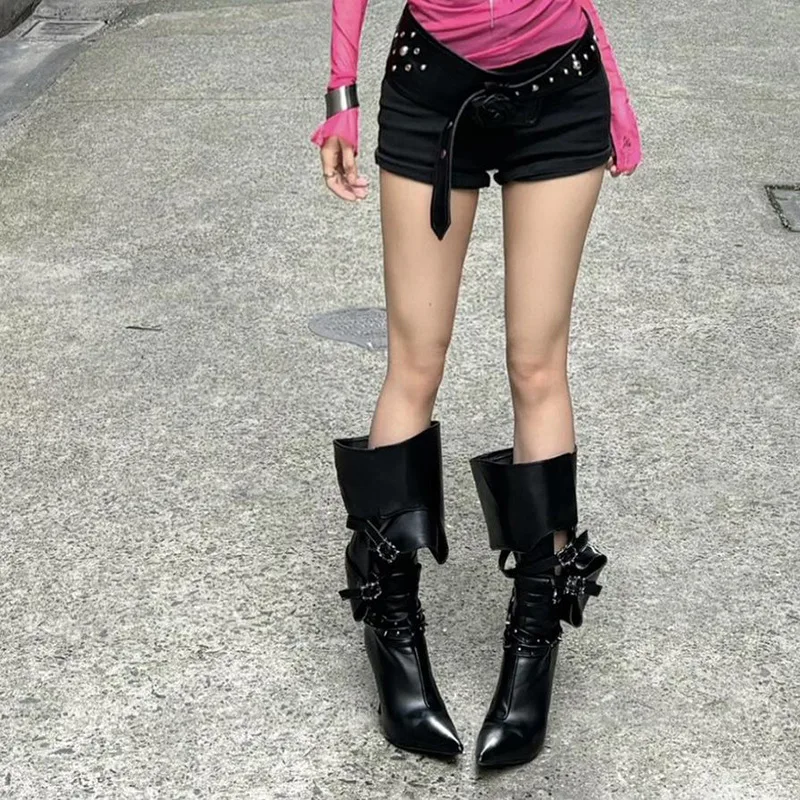 2024 New Style Ladies Leather Knee High Pointed Toe Knight Sandals Hollow Boots High Heel Boots Women Shoes Knee-high - Image 4