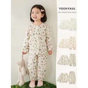 YOEHYAUL Girls Forest Print Home Wear Set 2026 Spring New Simple Round Neck Casual and Comfortable Pajamas Two-piece Set