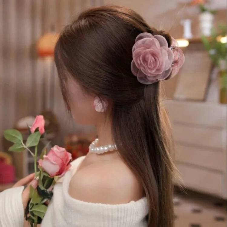 Super Fairy Gauze Flower Grab Jaw Clip Sweet Bubble Flower Hairclip Girls Ponytail Shark Clip Hair Claws