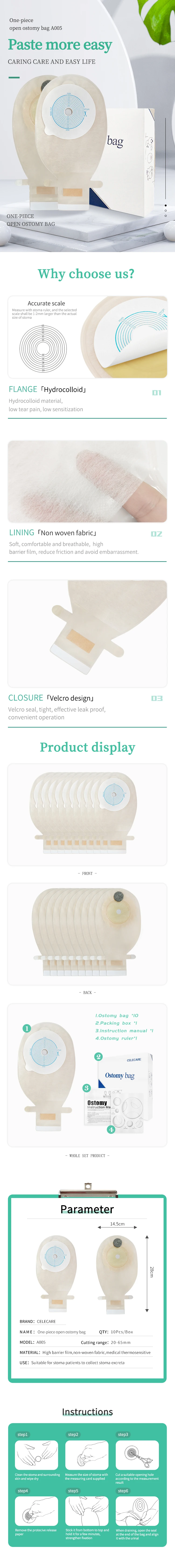 Ostomy back window One Piece Drainable Stoma Care 65mm Cut-to-Fit Carbon with Velkro Closure Non-Woven Colostomy Bag