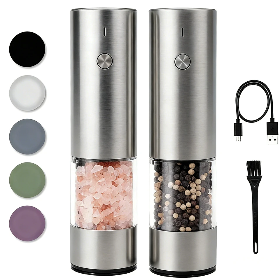 Set Hadiah Mewah: Set Pengisar Garam dan Lada Automatik Keluli Tahan Karat yang Dikuasakan melalui USB dengan Pelaras Ketajaman, dalam Kotak Hadiah untuk Hadiah Perkahwinan