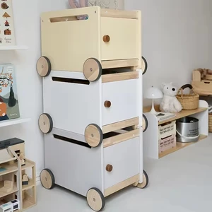Wooden Multi-Functional  Storage Cabinet for Kids Children's Room Furniture Early Education Pretend Role Play Toy with Trolley