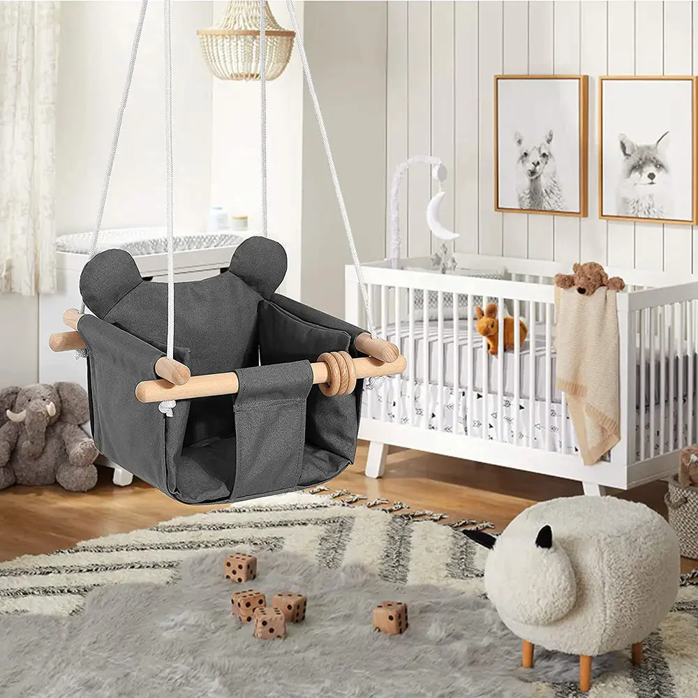 Backyard Outside Swing Kids Toys Swings Set 6-36 Months Grey Mlian Secure Canvas and Wooden Baby Hanging Swing Seat Chair Indoor and Outdoor Hammock 