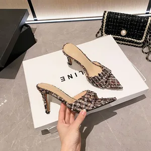 QuiteS 2026 Women's Stylish Elegant High Heels Sandals High Quality Woolen Tweed Sheepskin Point Toe Open Toe Fashion Trend
