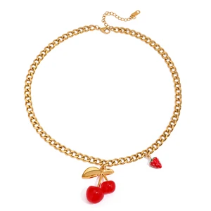 MW Hot Selling Trendy Fashion Hypoallergenic Stainless Steel Chain Women's Jewelry Sweet Strawberry Cherry Pendant Necklace My