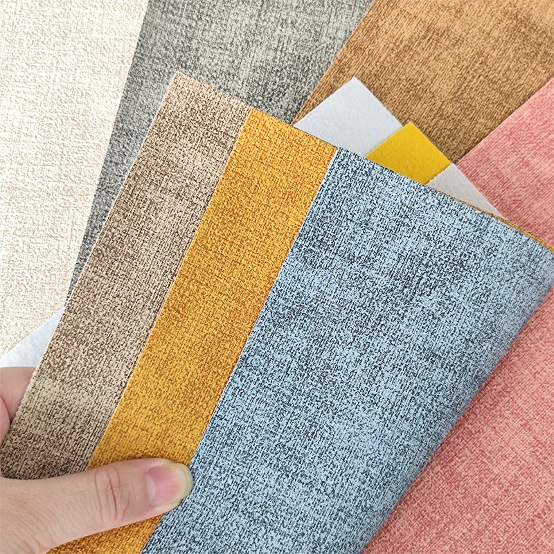 Coarse Cloth Pattern Leatherette Embossing PU Artificial Synthetic Vegan Leather Woven Textured Polyester Fabric for Upholstery