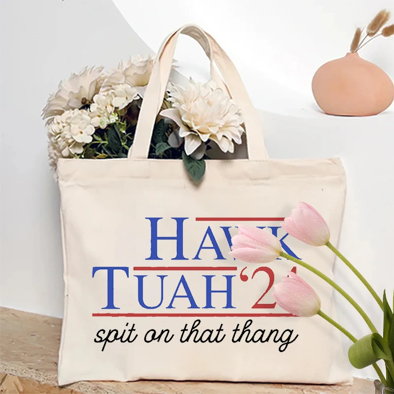 1pc Hawk Tuah Spit on That 2024 Pattern Tote Canvas Personalized Shoulder Bag for Travel Women's Reusable Shopping Bag