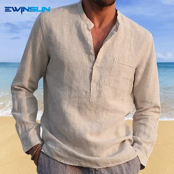 Wholesale Fashion Mens long sleeve shirt Button casual beach Henley shirt with cotton and linen stand collar blouse