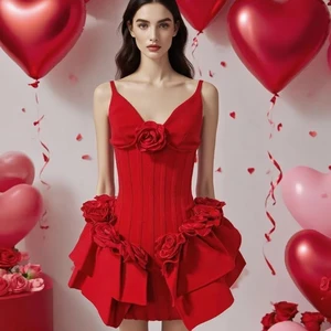 2025 Christmas Strap V-neck Bandage Floral Dress Short Skirt Wrinkled Patchwork Small Hem Evening Dress