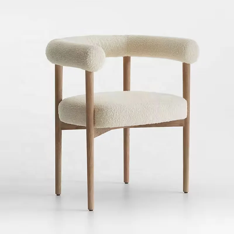 New Style Velvet Sherpa Dining Room Chair Furniture Modern Luxury White Nordic Boucle Dining Chair with Solid Beech Wood Frame