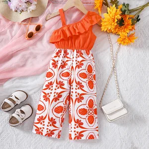 2026 Summer Kids Girls Jumpsuits Clothing Printed off Shoulder Ruffled One Piece Pants Clothes for Children