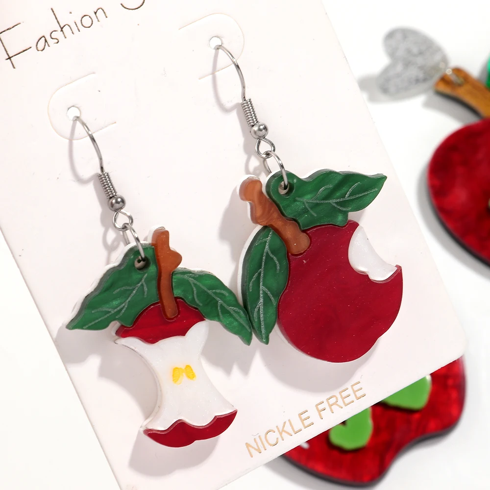 Funny Food Creative Red Apple Pendant Green Bug Party Jewelry Fruit  Asymmetrical apple Core Acrylic Drop Earrings Gift