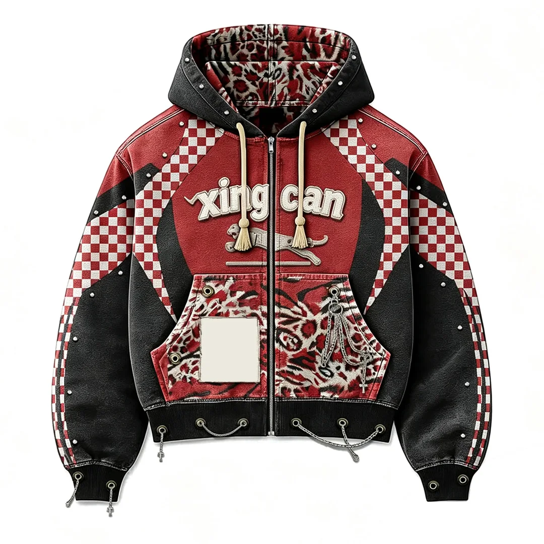 Producent odzieży OEM – niestandardowa męska bluza z kapturem w stylu streetwear, przycięta, z czerwoną nadrukowaną motywem lamparta i szachownicą, z zamkiem błyskawicznym, z niestandardowym logiem, hurtowa