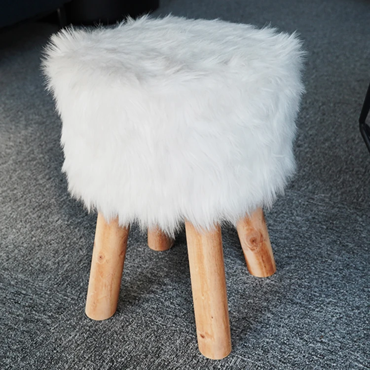 HStex 2020 Living Room Furniture Fake Fur Wood Round Sitting Stools with Wooden Legs Shape pink Ottoman