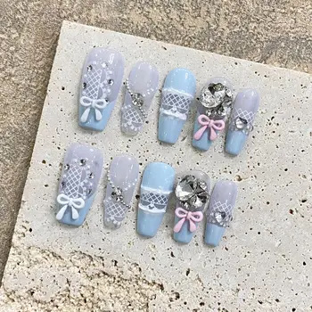 New Arrival French Manicure Press Pure Hand-Wearing Aqua Blue Bow Armor Excellent Finish Featuring Butterfly Detachable Features