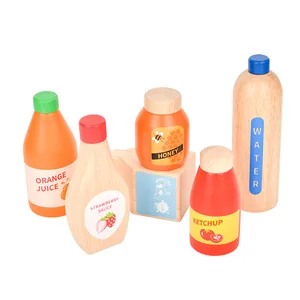 Multi-functional Realistic Wooden Beverage Juice Bottle Set Play Kitchen Educational Learning Toys for Kids Toddler Boys & Girls