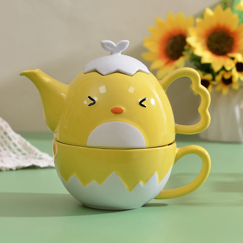 Ceramic Factory Custom Logo Cut Little Chicken Teapot and Cup Set Stoneware Coffee Pot Cup Set Tea for One Teapot Set