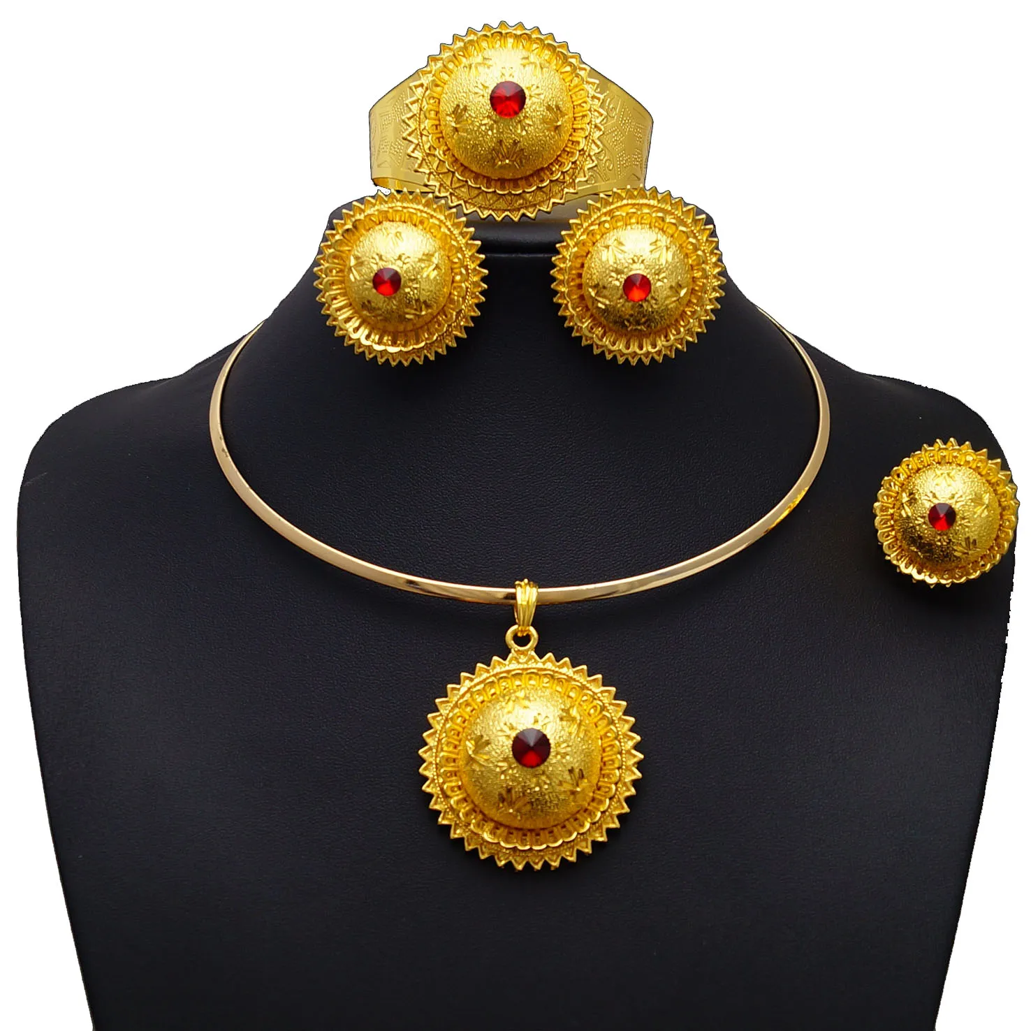 Zhuerrui Romanian Gold Style Ruby Jewelry Set Ethiopian 24K Gold
