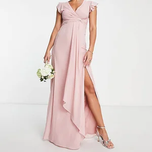 Modern Simple Blush Bridesmaid Maxi Dress With V-Neck Flutter Sleeve Wrap Front Side Slit Elegant Dress