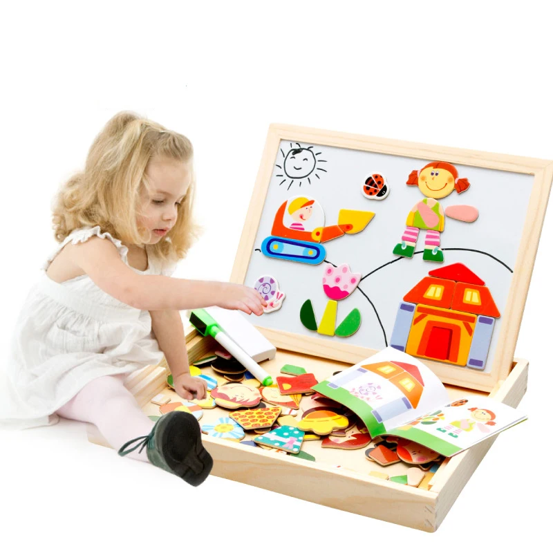 Kids Children Magnetic Learning Puzzle Double Faced Writing Wooden Board Easel 