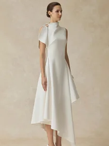 Bettergirl High-Quality Ramadan New 2026 Spring Fashion Elegant White Long Party Dress Satin Stretch Irregular Formal Dress