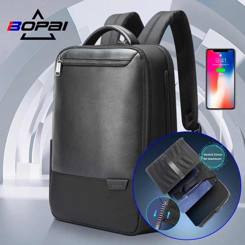 bopai business 15.6 inch laptop backpack Genuine Leather Men for Smart Professional Lightweight Backpack with USB Charging Office Commuter Computer Rucksack Executive Anti Theft Black : Electronics Theft Pocket Ideal for Business BOPai Slim Laptop Thin Business
