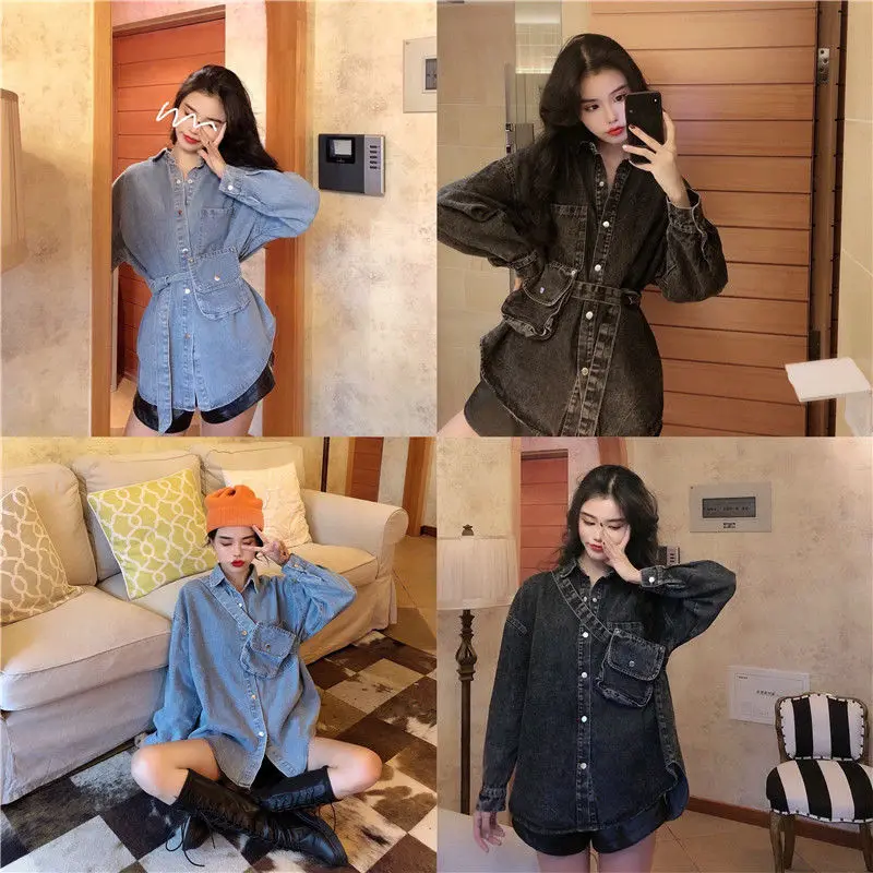 Spring Denim Blouse Jacket Women Denim Shirt Dresses Long Sleeve Distressed Jean Dress Button Down Casual Tunic Top