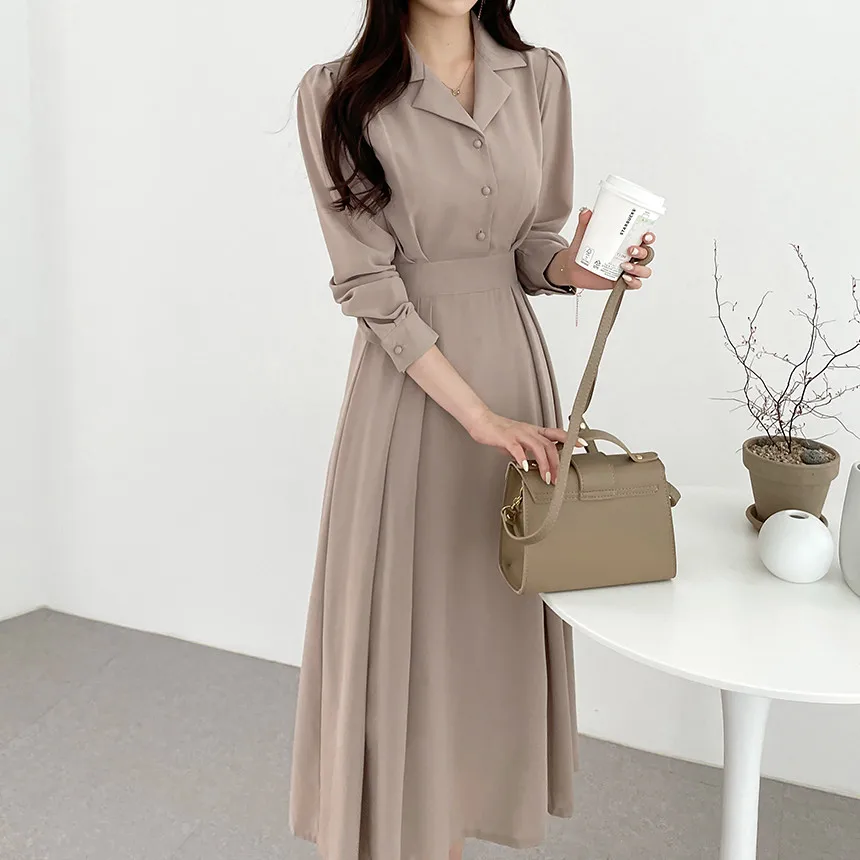 New Fashion Lady Korean Style One Piece Dress Long Sleeve Single Breasted Shirt Dress Women