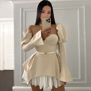 European American Women's Asymmetrical Solid A-line Mini Satin Dress Long-Sleeved Chest-Wrapped Club Casual Style Spring