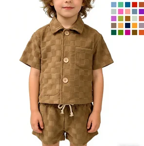 Wholesales Summer Kids Two Pieces Checkered Towelling Terry Button up Shirt Shorts Baby Jacquard Kids Clothing Set