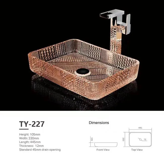 Square design glass sink basin bowl for cabinet with vanity